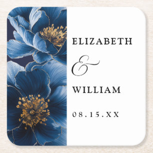 Blauw Elegant Modern Bloem Bruiloft Kartonnen Onderzetters