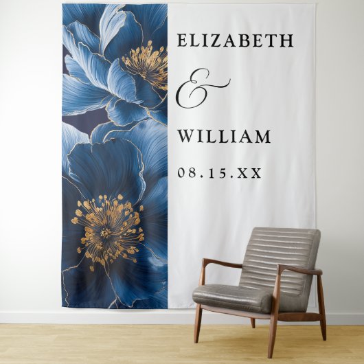 Blauw Elegant Modern Bloemstuk Bruiloftachtergrond Wandkleed (In situ)