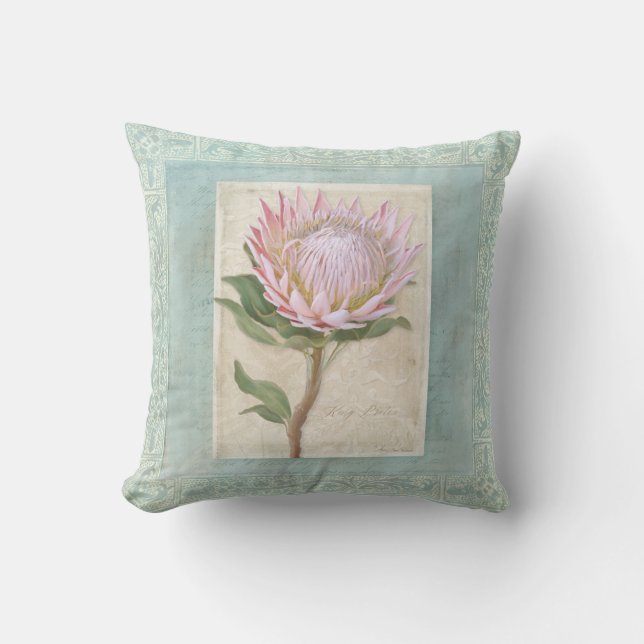 Blauw Elegant  Modern Floral Pink Protea Kussen (Voorkant)