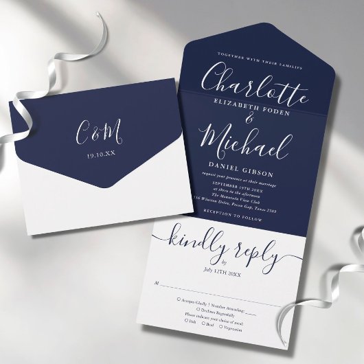 Blauw Elegant Modern Schrift Minimalistische Trouw All In One Uitnodiging
