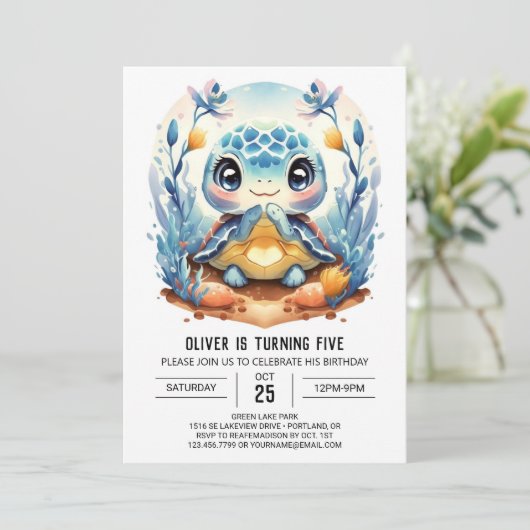 Blauw Elegant Modern Turtle Boy Verjaardag Kaart (Staand voorkant)