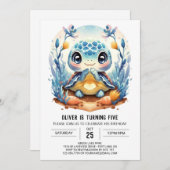 Blauw Elegant Modern Turtle Boy Verjaardag Kaart (Voorkant / Achterkant)