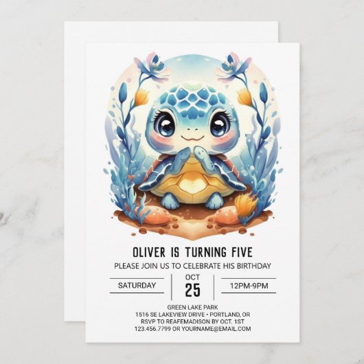 Blauw Elegant Modern Turtle Boy Verjaardag Kaart (Voorkant / Achterkant)