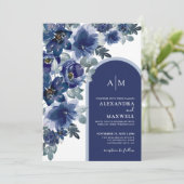 Blauw Elegant Modern Waterverf Bloem Bruiloft Kaart (Staand voorkant)