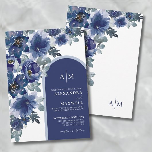 Blauw Elegant Modern Waterverf Bloem Bruiloft Kaart