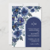Blauw Elegant Modern Waterverf Bloemen Bruiloft Kaart (Voorkant)