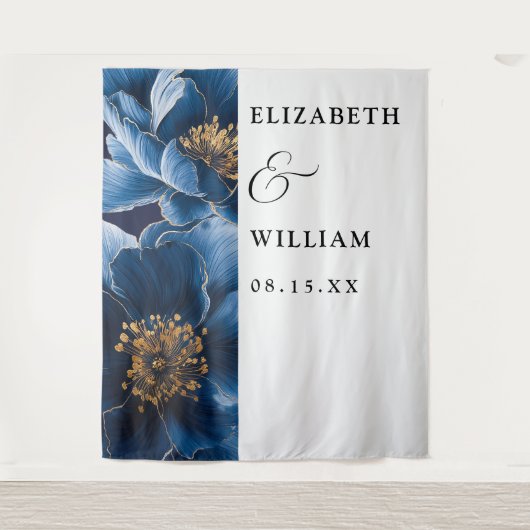 Blauw Elegant Moderne Bloemstuk Bruiloftsfond Wandkleed (Voorkant)