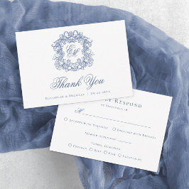 Blauw Elegant Monogram Crest Vintage Wedding Bedankkaart