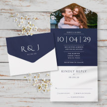Blauw Elegant Monogram Foto Trouwdatum