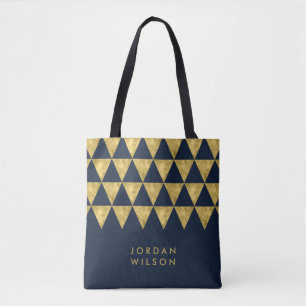 Blauw Elegant Naam Faux Gouden Driehoek Patroon Tote Bag