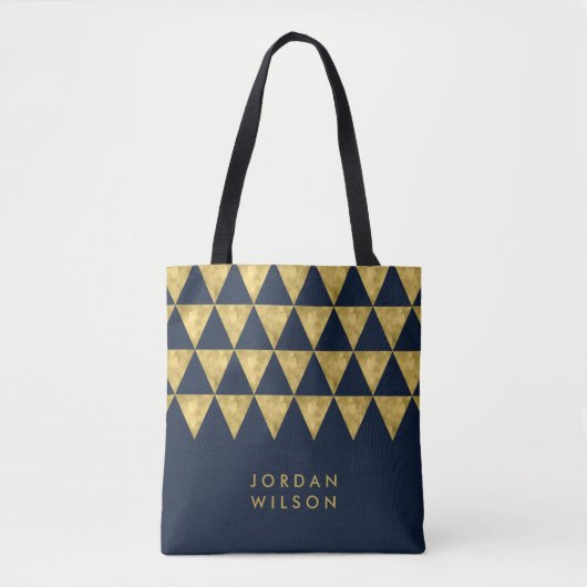 Blauw Elegant Naam Faux Gouden Driehoek Patroon Tote Bag (Voorkant)