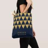 Blauw Elegant Naam Faux Gouden Driehoek Patroon Tote Bag (Dichtbij)