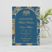 Blauw Elegant Patroon Goud Islamitisch Moslim Brui Kaart (Staand voorkant)