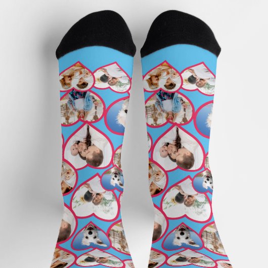 Blauw Elegant Rood Hart Patroon | 5 Fotocollage Sokken (Top)