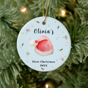 Blauw Elegant Santa Hat Baby's Eerste Kerstmis Keramisch Ornament