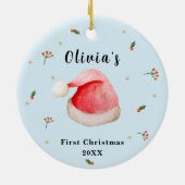 Blauw Elegant Santa Hat Baby's Eerste Kerstmis Keramisch Ornament (Achterkant)