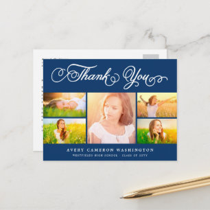 Blauw Elegant Schrift 5 Foto Afstudeer Dankjewel Briefkaart