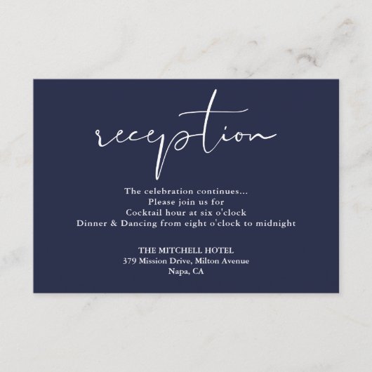 Blauw Elegant Schrift Bruiloftsreceptie Informatiekaartje (Voorkant)