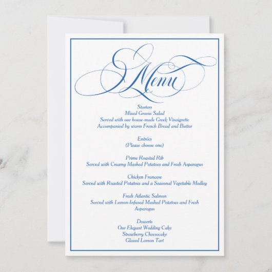 Blauw elegant schrift trouwmenu kaart (Voorkant)