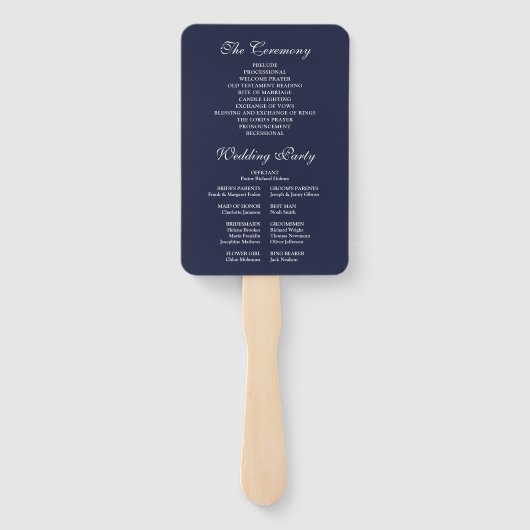 Blauw Elegant Script Huwelijksprogramma Handwaaier (Achterkant)