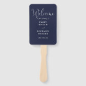 Blauw Elegant Script Huwelijksprogramma Handwaaier (Voorkant)