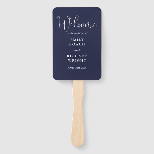 Blauw Elegant Script Huwelijksprogramma Handwaaier (Voorkant)