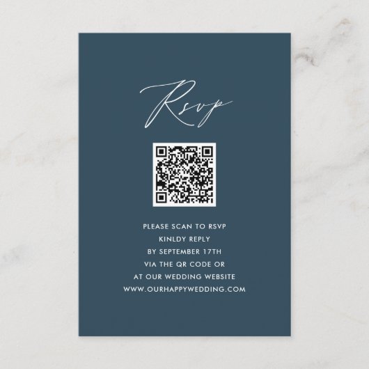 Blauw Elegant Script Minimalist QR Bruiloft RSVP Informatiekaartje (Voorkant)
