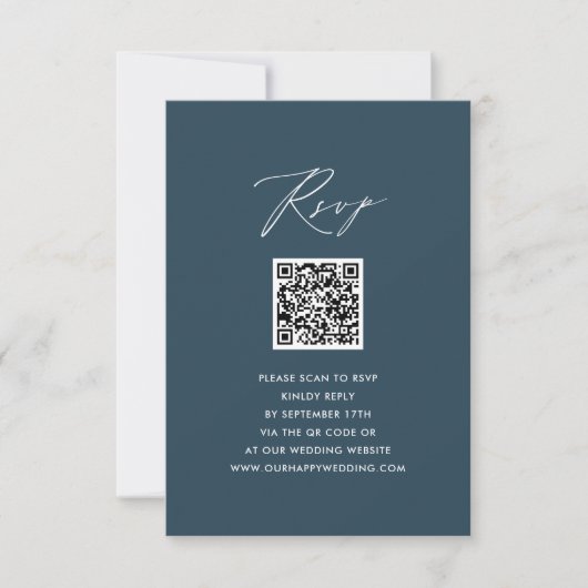Blauw Elegant Script Minimalist QR Bruiloft RSVP Kaartje (Voorkant)