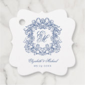 Blauw Elegant Script Monogram Crest Wedding Bedankjes Labels (Voorkant)