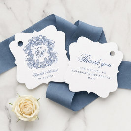 Blauw  Elegant Script Monogram Crest Wedding Bedankjes Labels