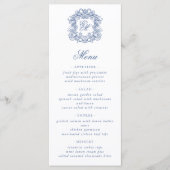 Blauw Elegant Script Monogram Crest Wedding Menu (Voorkant)