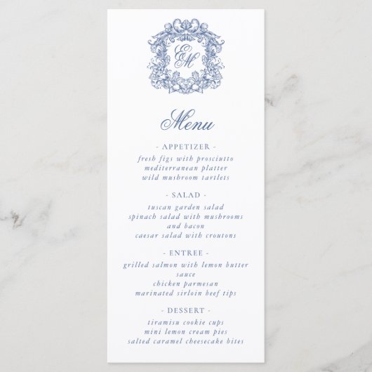 Blauw Elegant Script Monogram Crest Wedding Menu (Voorkant)