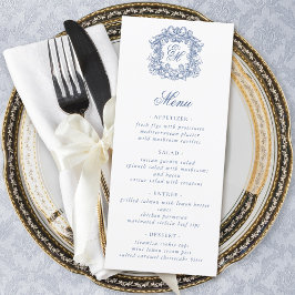 Blauw Elegant Script Monogram Crest Wedding Menu