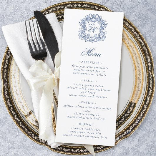 Blauw Elegant Script Monogram Crest Wedding Menu
