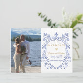 Blauw elegant Sla de datumfoto Victoriaans op Aankondiging (Staand voorkant)