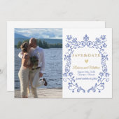 Blauw elegant Sla de datumfoto Victoriaans op Aankondiging (Voorkant / Achterkant)