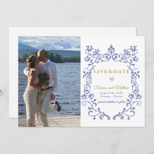 Blauw elegant Sla de datumfoto Victoriaans op Aankondiging (Voorkant / Achterkant)