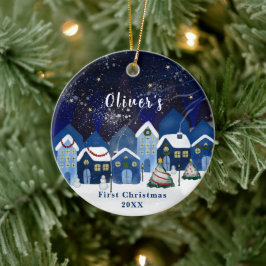 Blauw Elegant Sneeuwhuis Baby's Eerste Kerstmis Keramisch Ornament