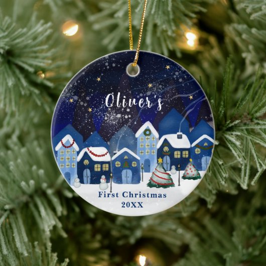 Blauw Elegant Sneeuwhuis Baby's Eerste Kerstmis Keramisch Ornament (Boom)