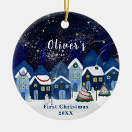 Blauw Elegant Sneeuwhuis Baby's Eerste Kerstmis Keramisch Ornament