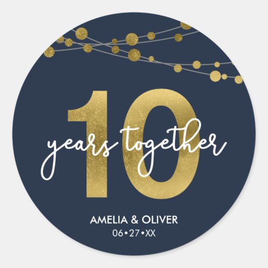 Blauw Elegant Strings of Lights 10th Jubileum Ronde Sticker (Voorkant)