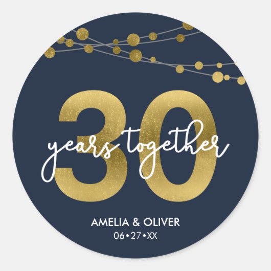 Blauw Elegant Strings of Lights 30th Jubileum Ronde Sticker (Voorkant)