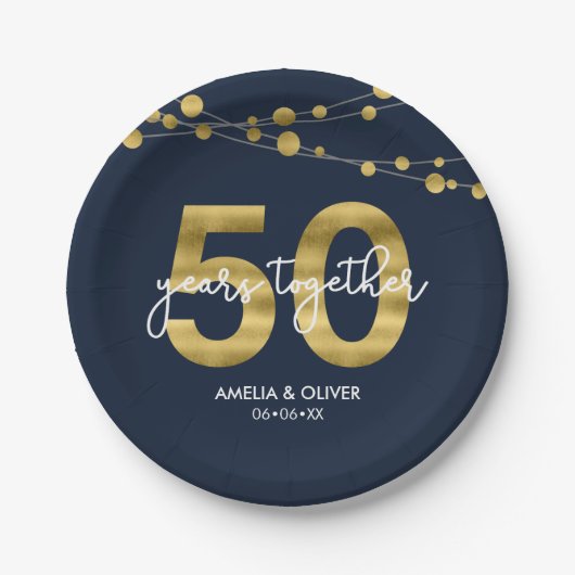 Blauw Elegant Strings of Lights 50th Jubileum Papieren Bordje (Voorkant)