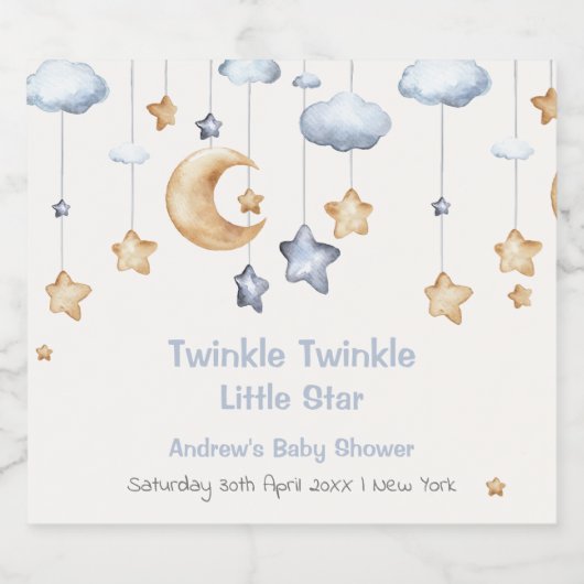 Blauw Elegant Twinkle Twinkle Baby shower Sparkling Wijnetiket (Enkel label)