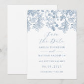 Blauw Elegant Vintage bruiloft Save the date (Voorkant / Achterkant)