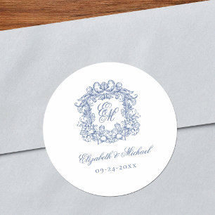 Blauw Elegant Vintage Monogram Wapen Huwelijk Ronde Sticker