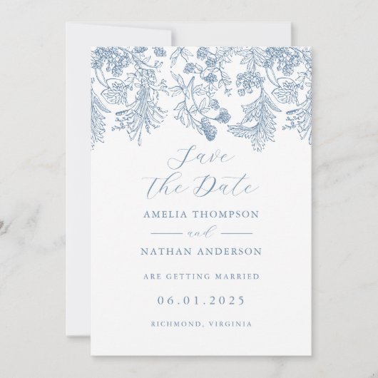 Blauw Elegant Vintage Trouw Save The Date (Voorkant)