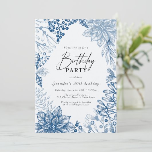 Blauw Elegant Winter Kerstmis Verjaardagsfeest Kaart (Staand voorkant)