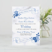 Blauw Elegant Wit Grijs Bloemen Hart Uitnodiging (Staand voorkant)