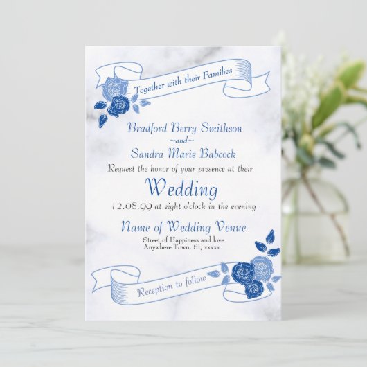 Blauw Elegant Wit Grijs Bloemen Hart Uitnodiging (Staand voorkant)